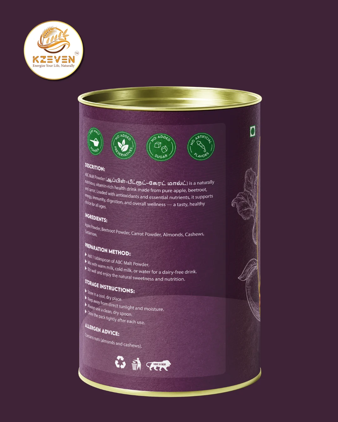 Kzeven Natural ABC Malt Powder (Apple, Beetroot, Carrot) | 200g/300g - Image 3