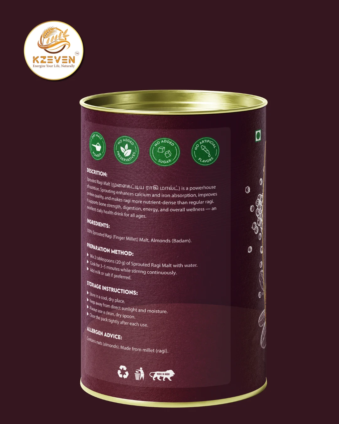 Kzeven 100% Sprouted Ragi Malt Powder | 200g/300g - Image 3